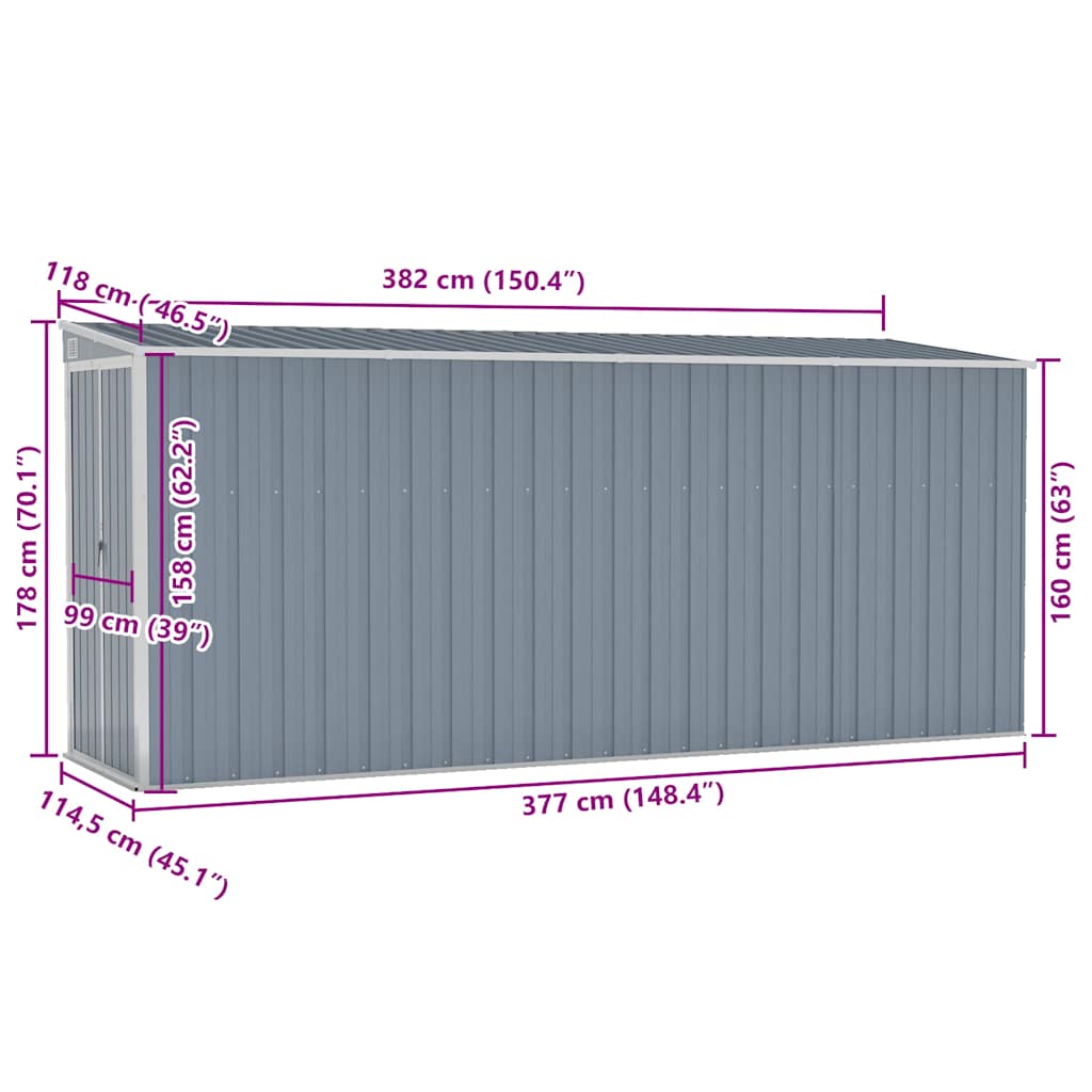 Abrigo suspenso p/ jardim 118x382x178 cm aço galvaniz. cinzento