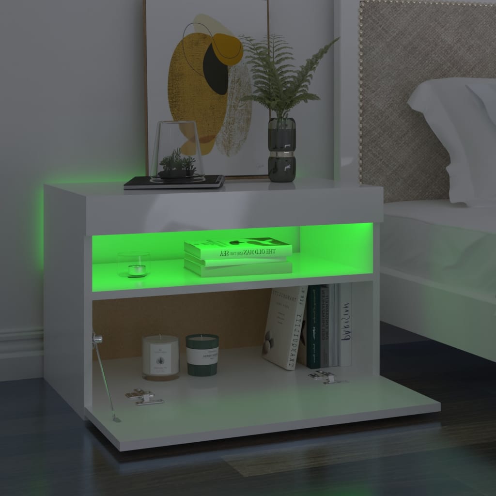 Mesa de cabeceira & luzes LED 2 pcs 60x35x40cm branco brilhante