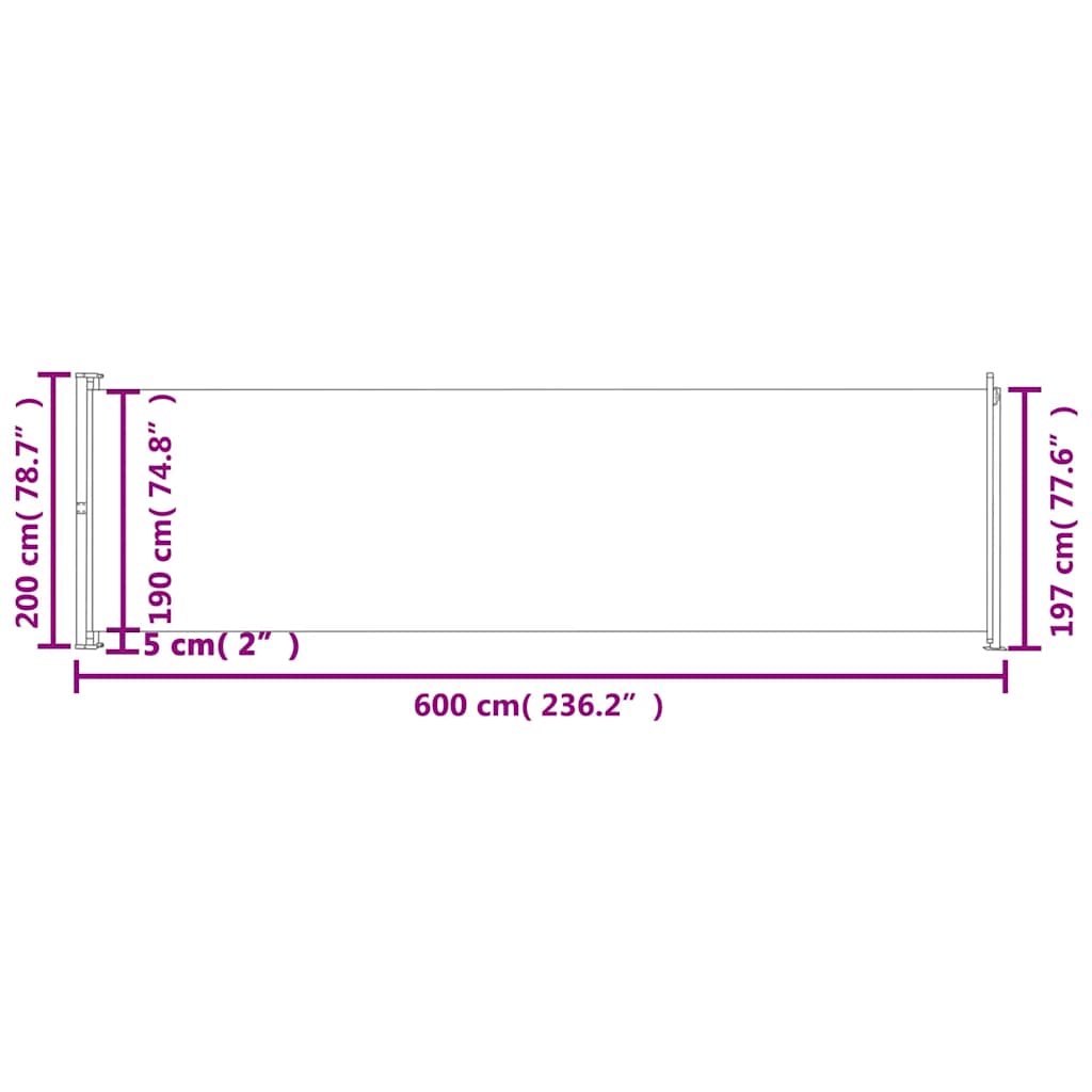 Toldo lateral retrátil para pátio 200x600 cm castanho