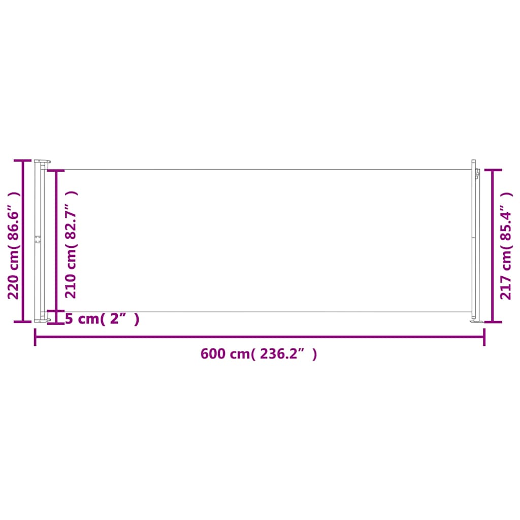 Toldo lateral retrátil para pátio 220x600 cm cinzento