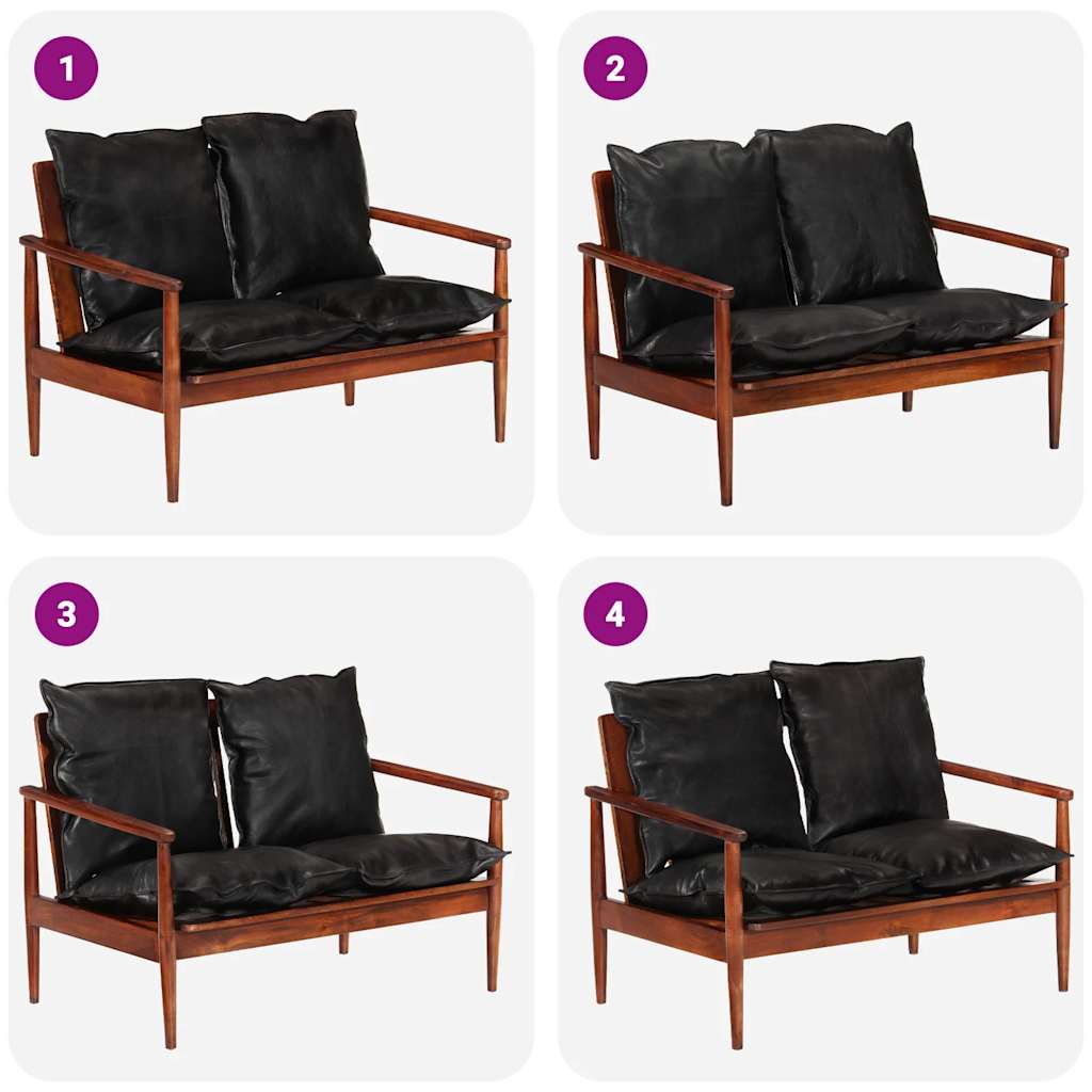 Sofá de 2 lugares couro genuíno e acácia maciça preto