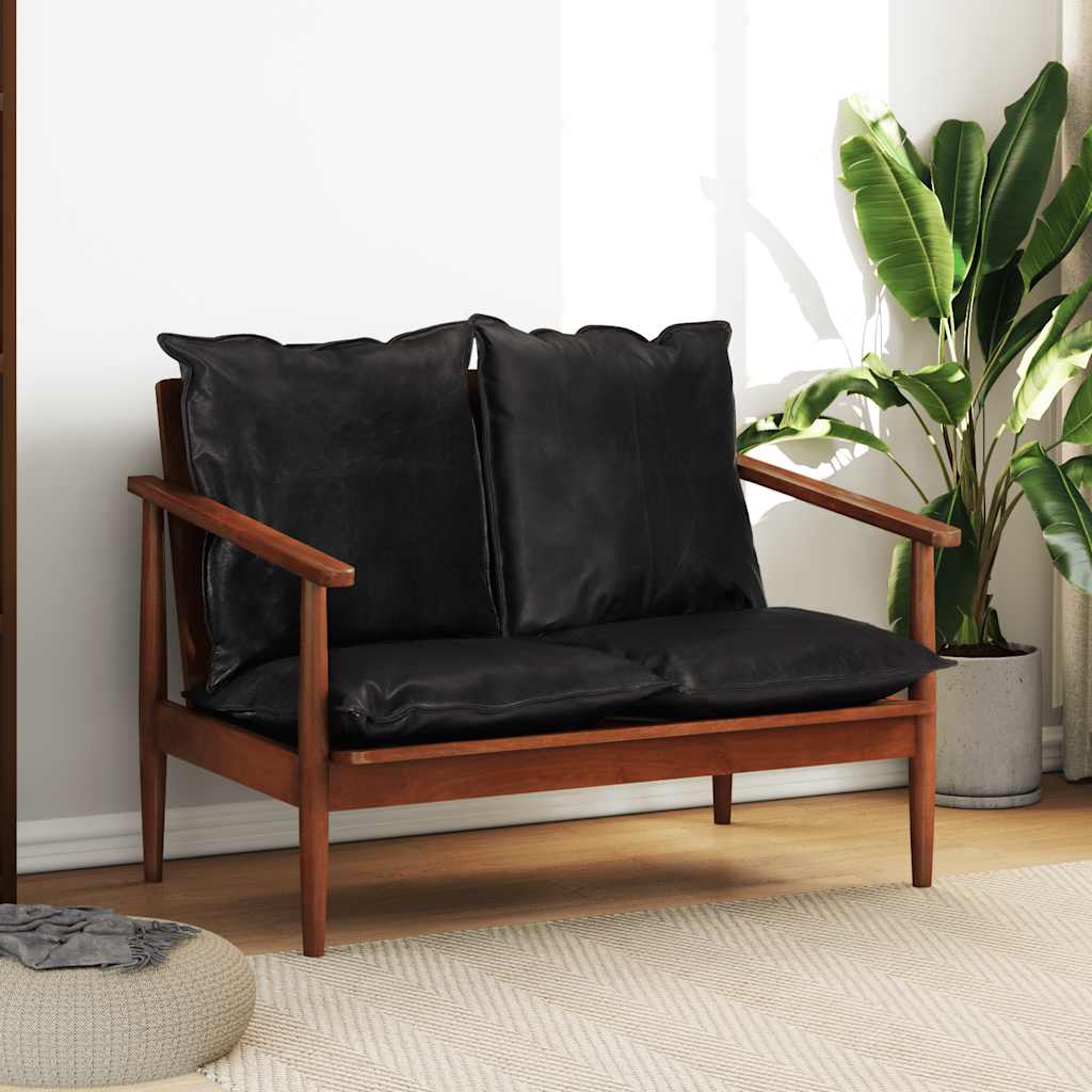 Sofá de 2 lugares couro genuíno e acácia maciça preto