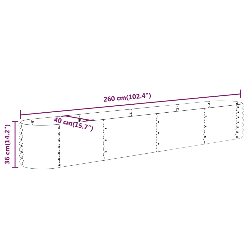 Canteiro elevado jardim 260x40x36cm aço galvanizado cinzento