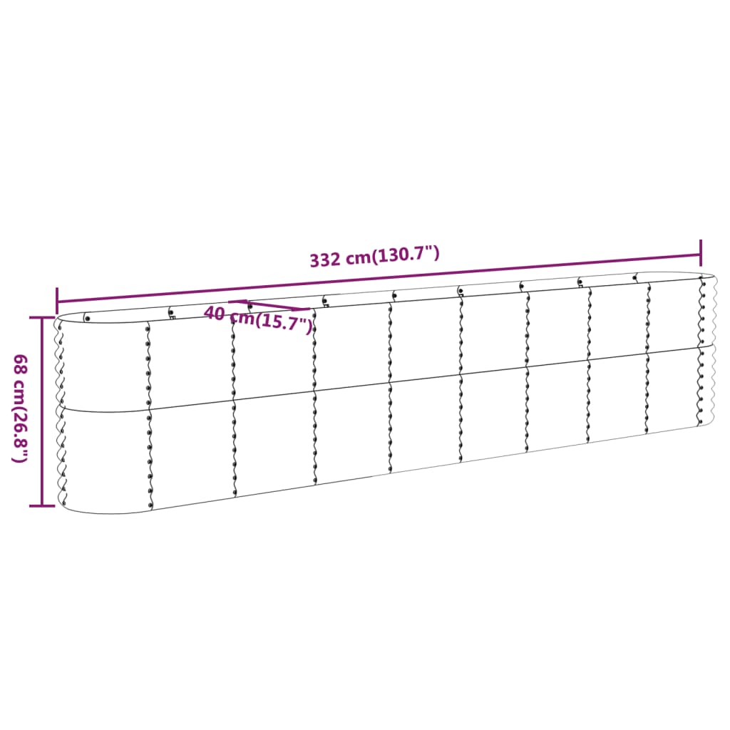 Canteiro elevado jardim 332x40x68cm aço galvanizado cinzento