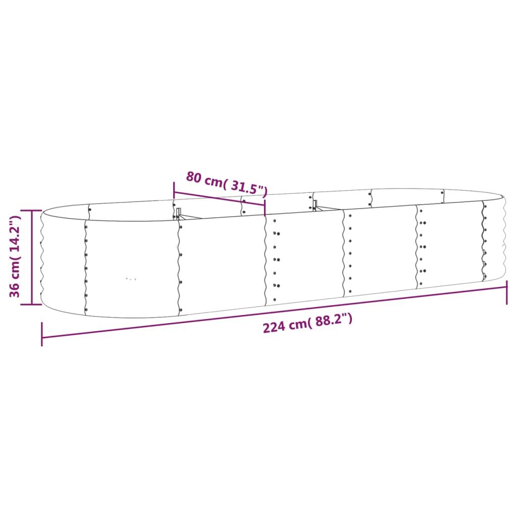 Canteiro elevado jardim 224x80x36cm aço galvanizado cinzento