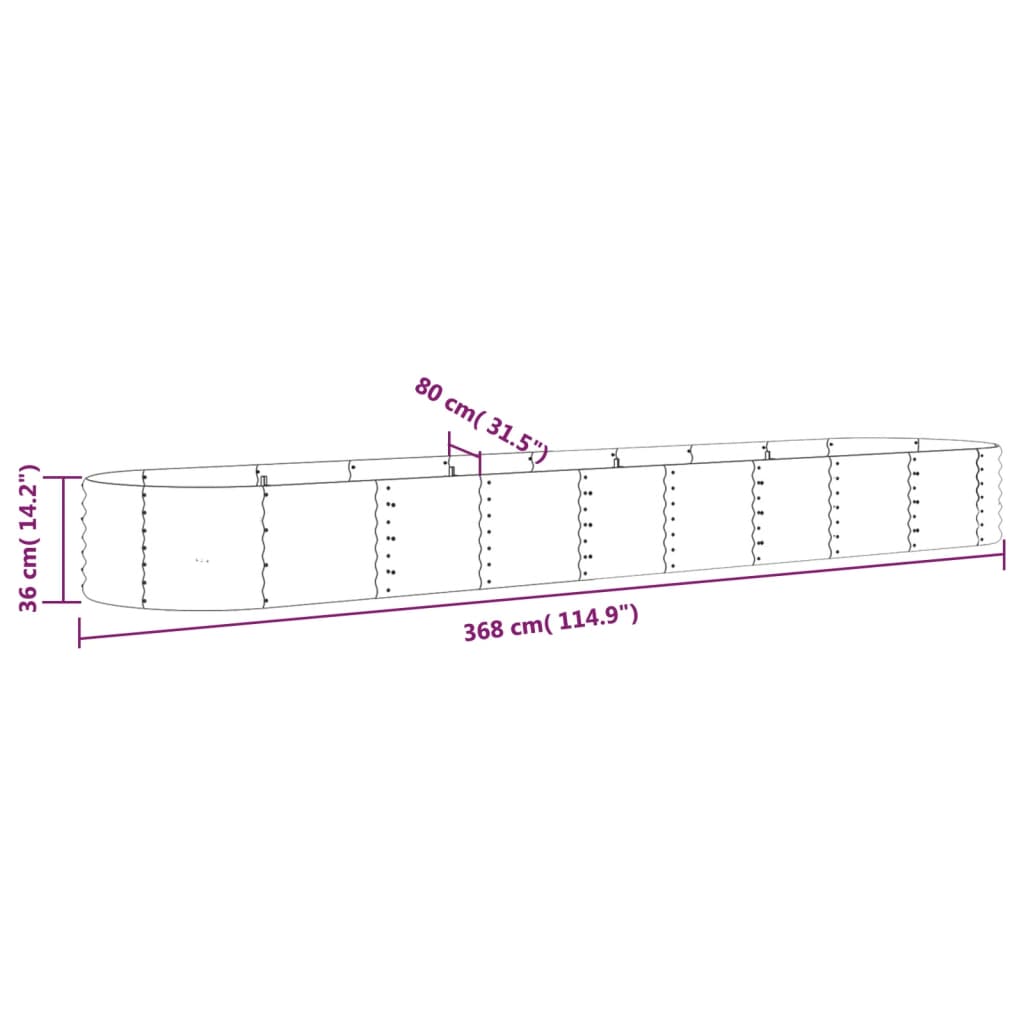 Canteiro elevado jardim 368x80x36cm aço galvanizado prateado