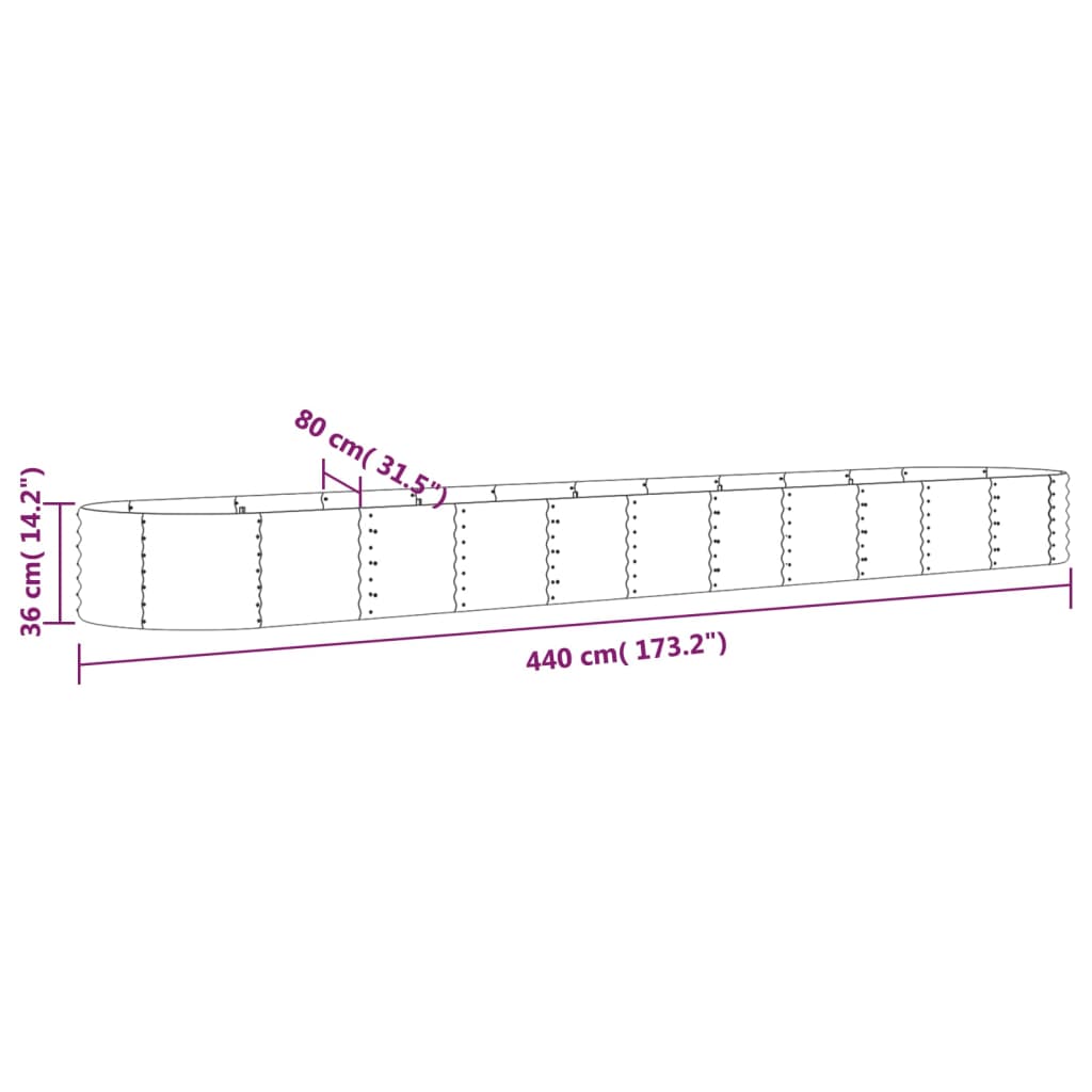 Canteiro elevado jardim 440x80x36cm aço galvanizado cinzento