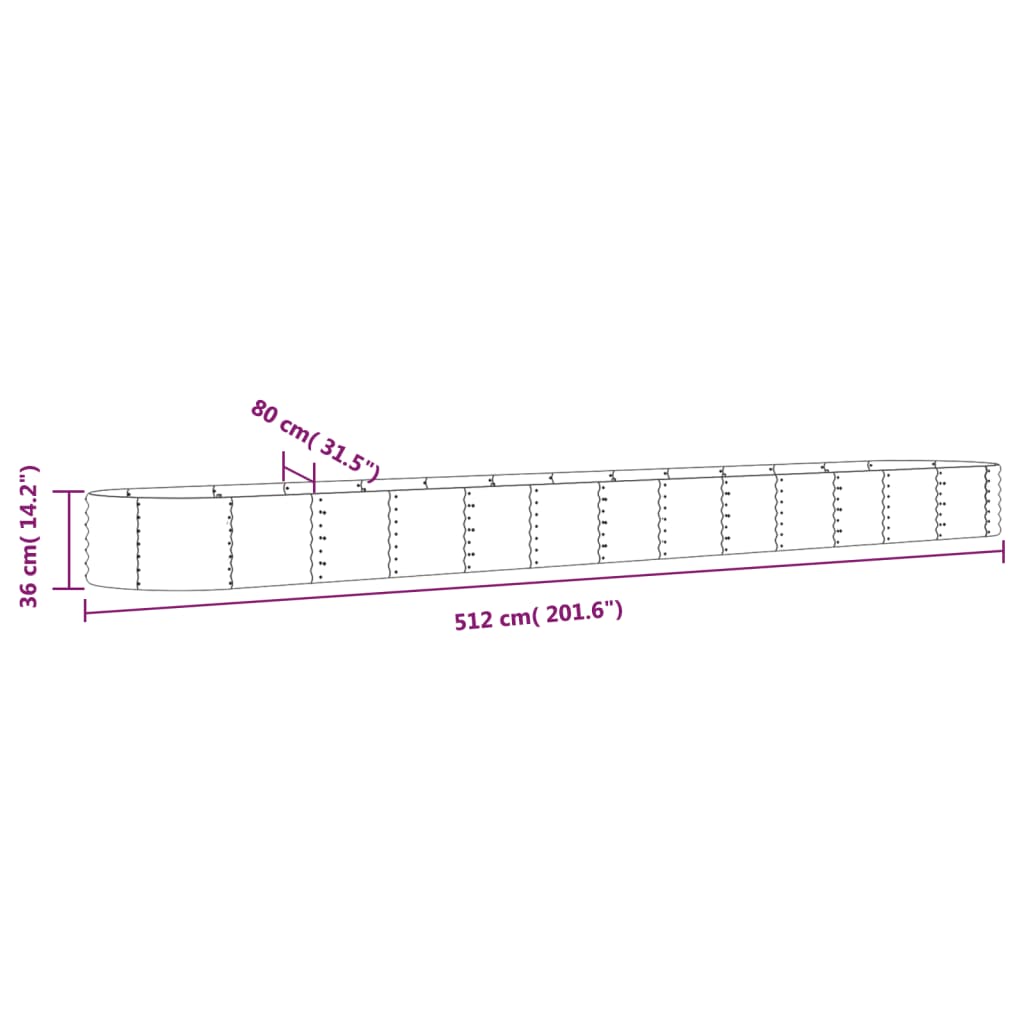 Canteiro elevado jardim 512x80x36cm aço galvanizado cinzento