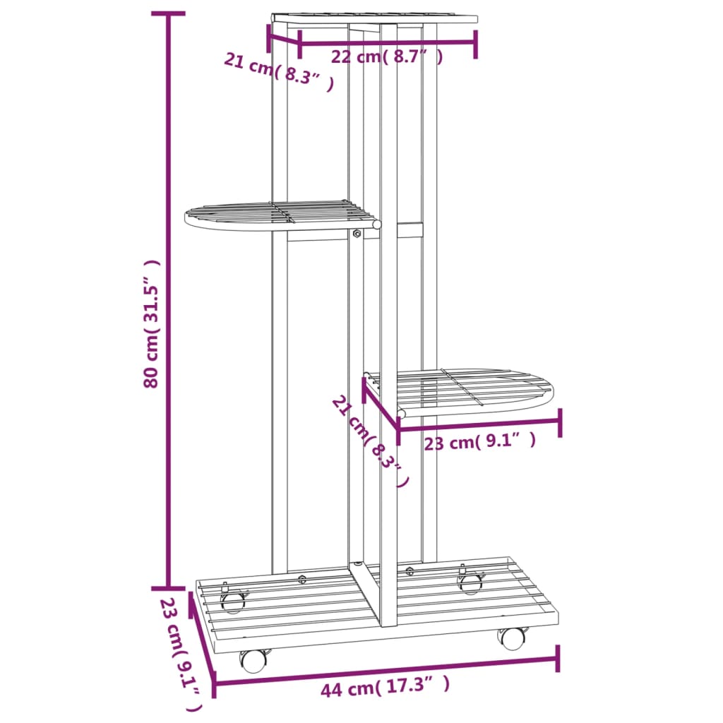 Suporte vasos c/ 4 prateleiras e rodas 44x23x80 cm ferro preto