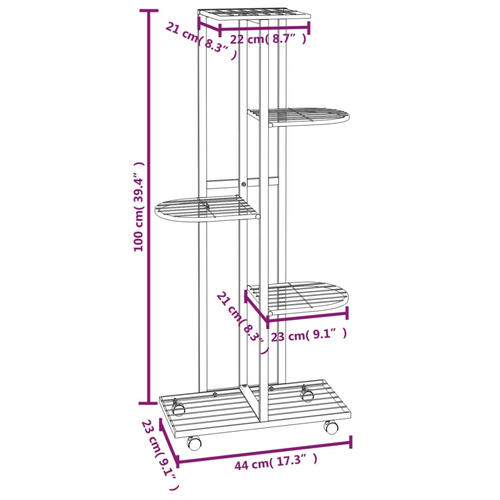 Suporte vasos c/ 5 prateleiras e rodas 44x23x100cm ferro branco