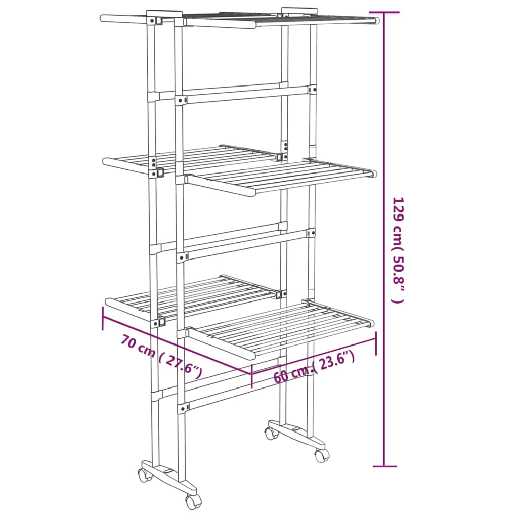 Estendal com 3 prateleiras/rodas 60x70x129 cm prateado