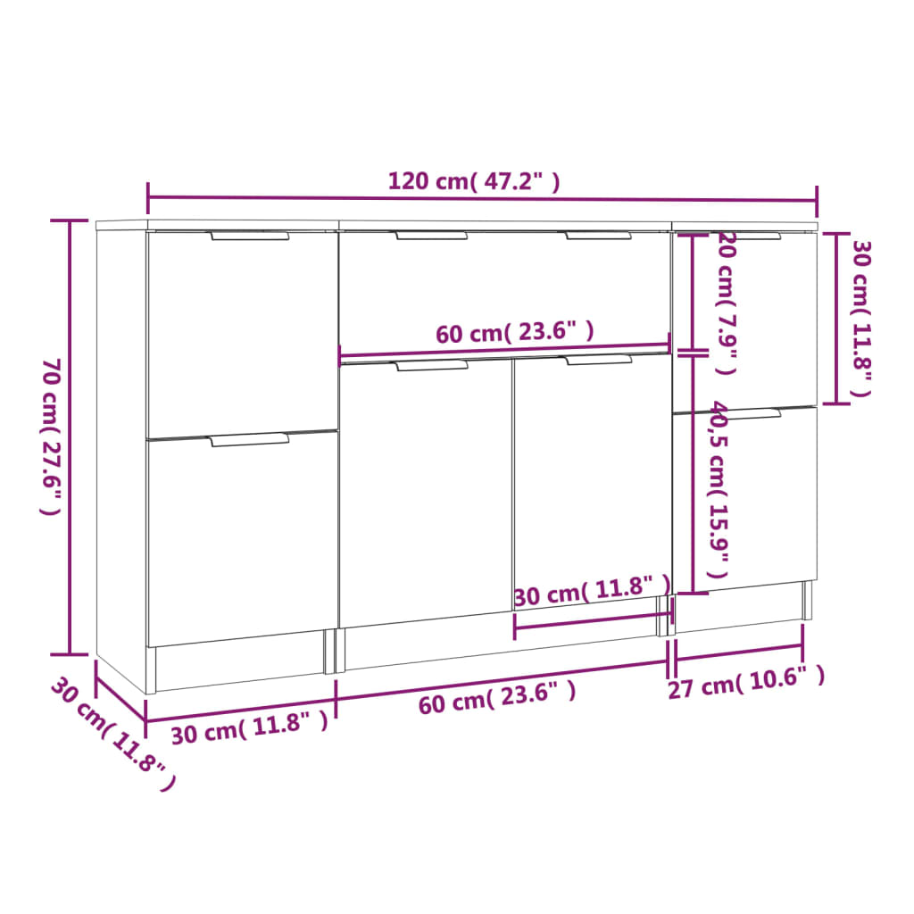 Aparadores 3 pcs derivados de madeira cinzento cimento