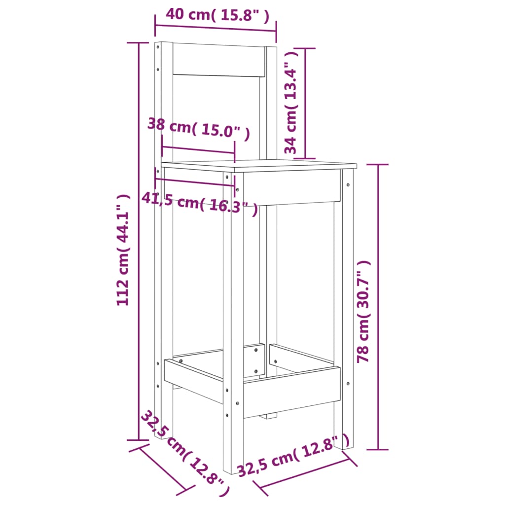Cadeiras de bar 2 pcs 40x41,5x112 cm pinho maciço preto