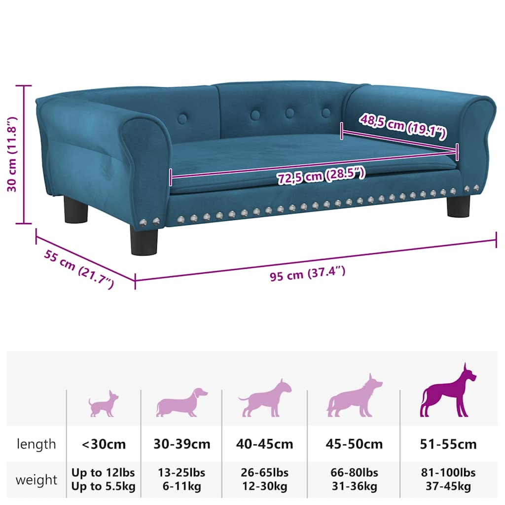 Cama para cães 95x55x30 cm veludo azul