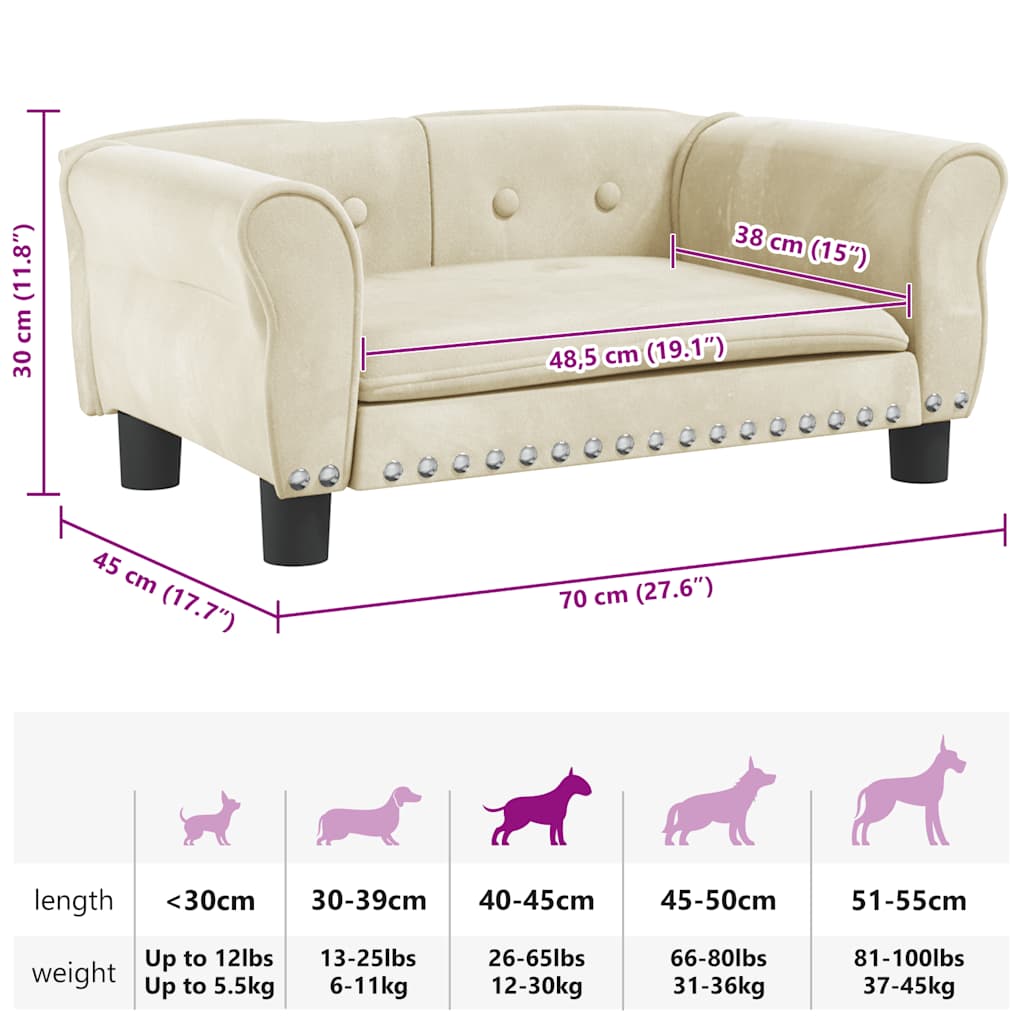 Cama para cães 70x45x30 cm veludo cor creme