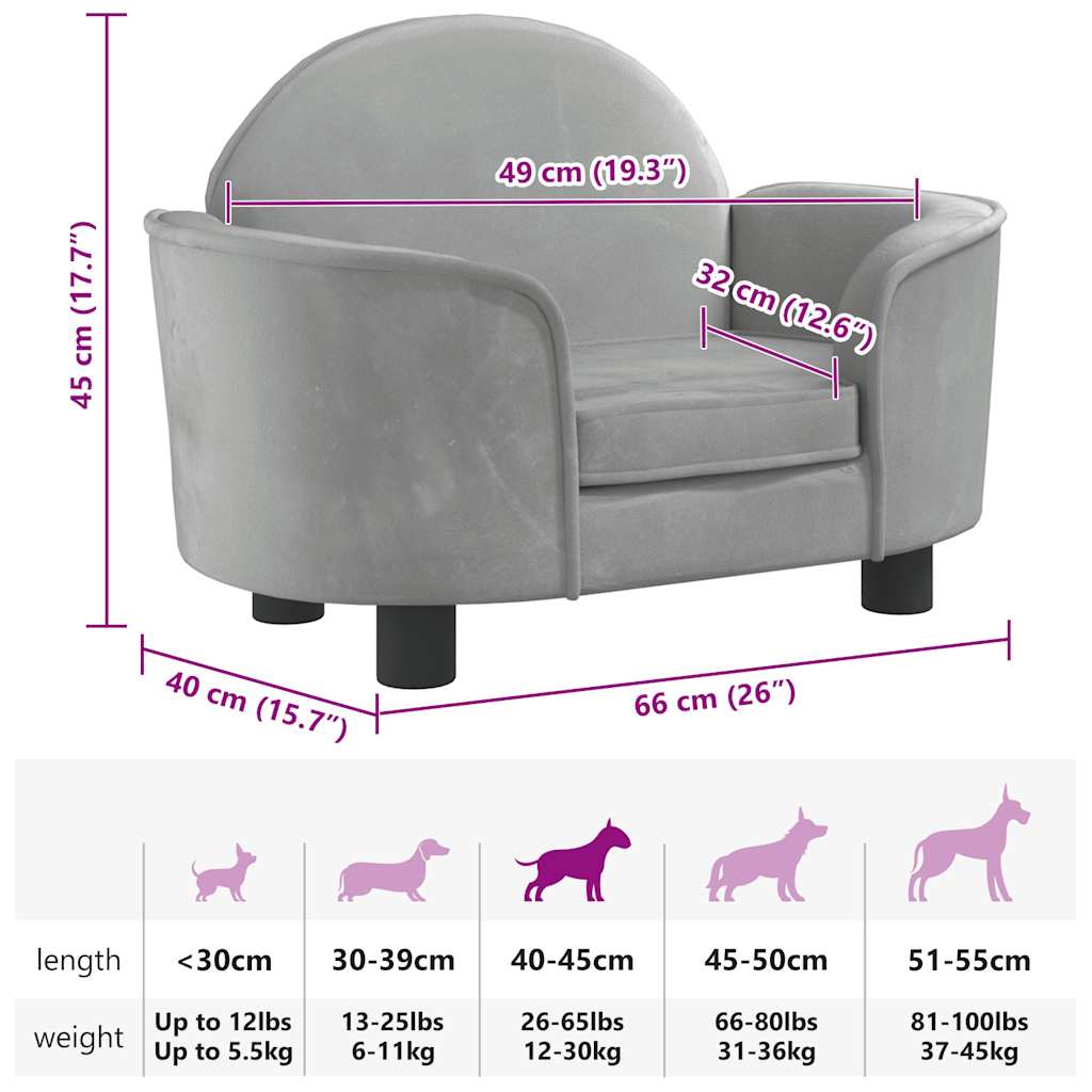 Cama para cães 66x40x45 cm veludo cinzento-claro