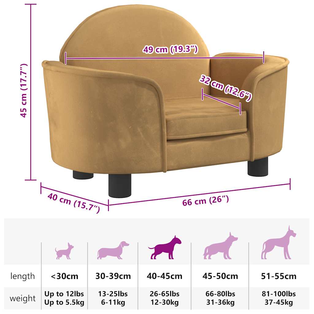 Cama para cães 66x40x45 cm veludo castanho