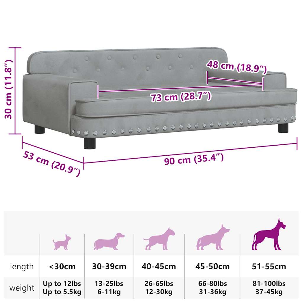Cama para cães 90x53x30 cm veludo cinzento-claro