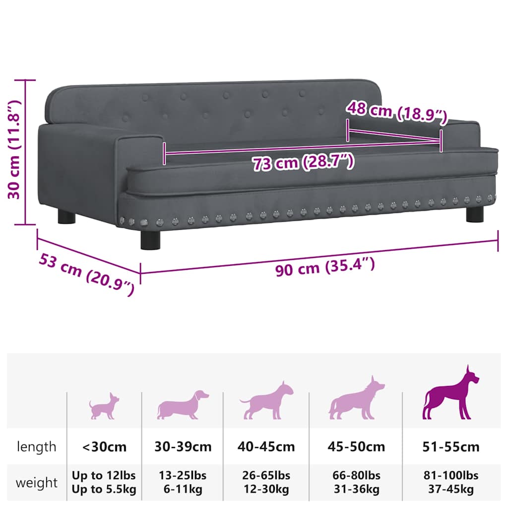 Cama para cães 90x53x30 cm veludo cinzento-escuro
