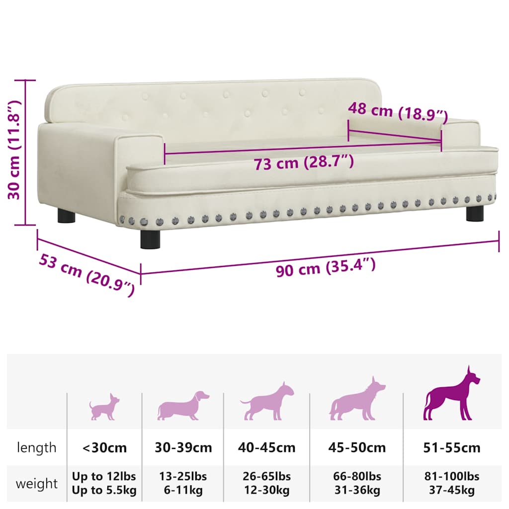 Cama para cães 90x53x30 cm veludo cor creme