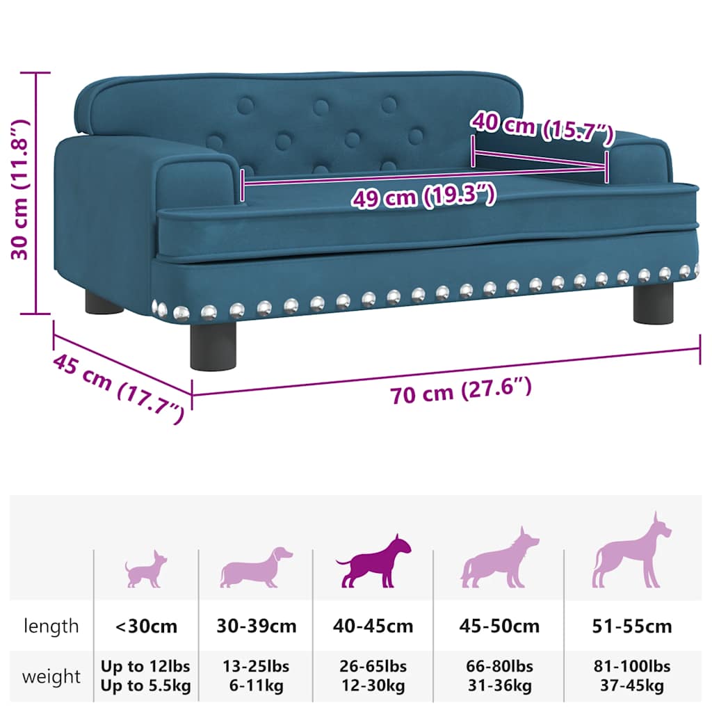 Cama para cães 70x45x30 cm veludo azul