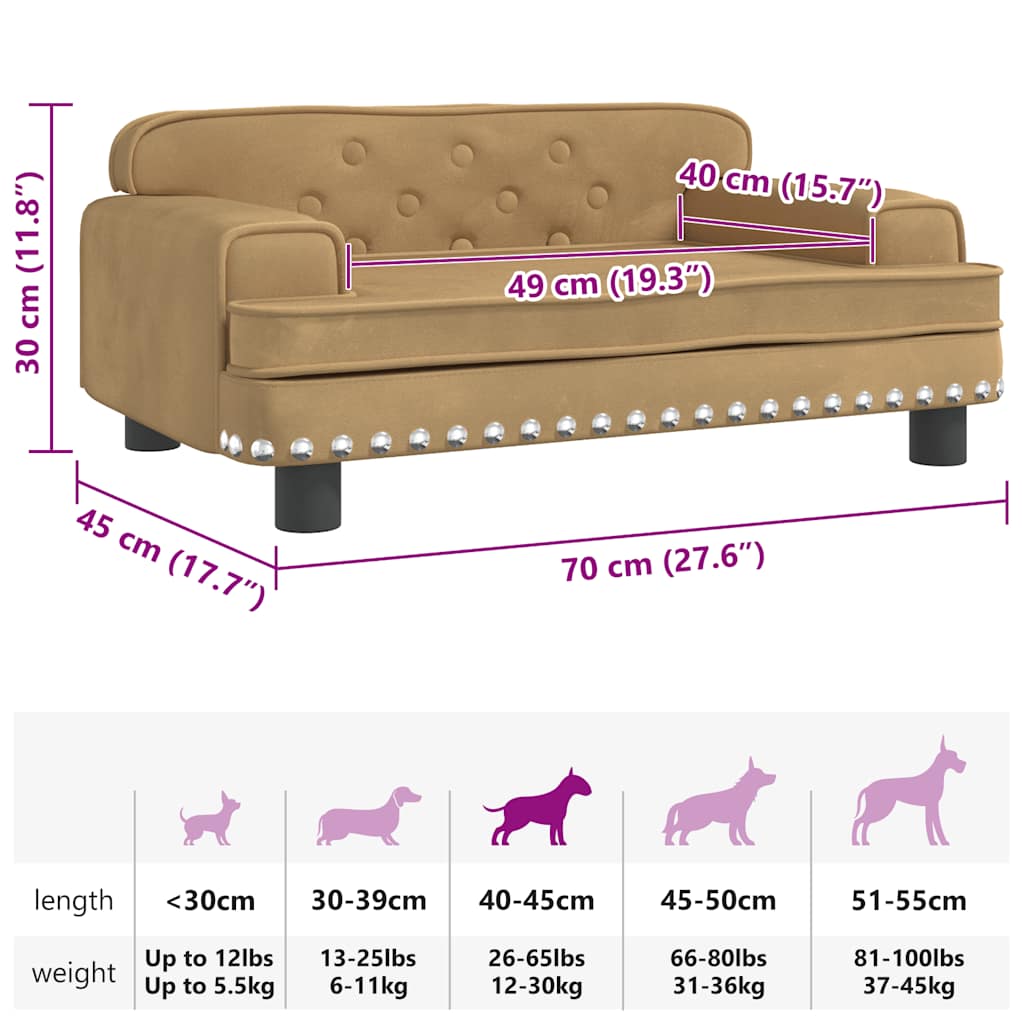 Cama para cães 70x45x30 cm veludo castanho