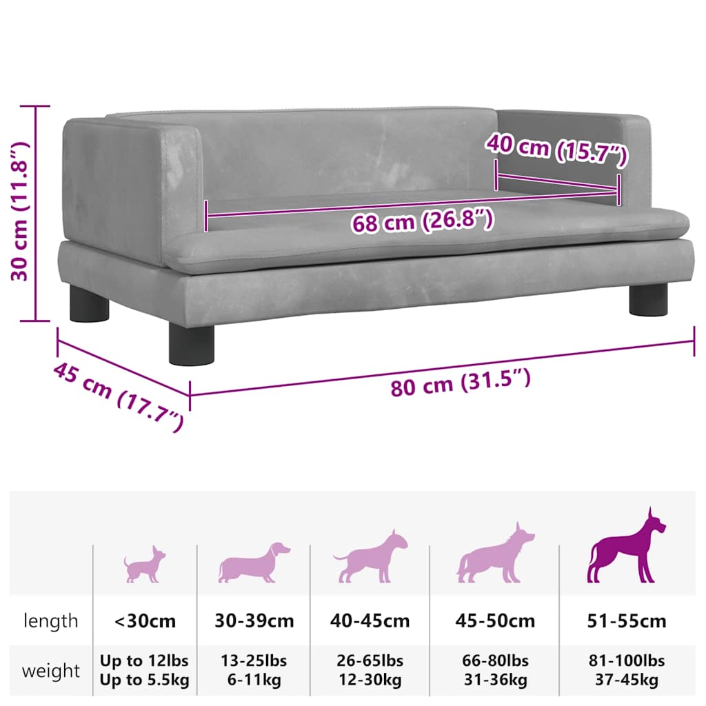 Cama para cães 80x45x30 cm veludo cinzento-claro