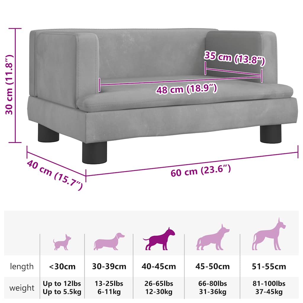 Cama para cães 60x40x30 cm veludo cinzento-claro