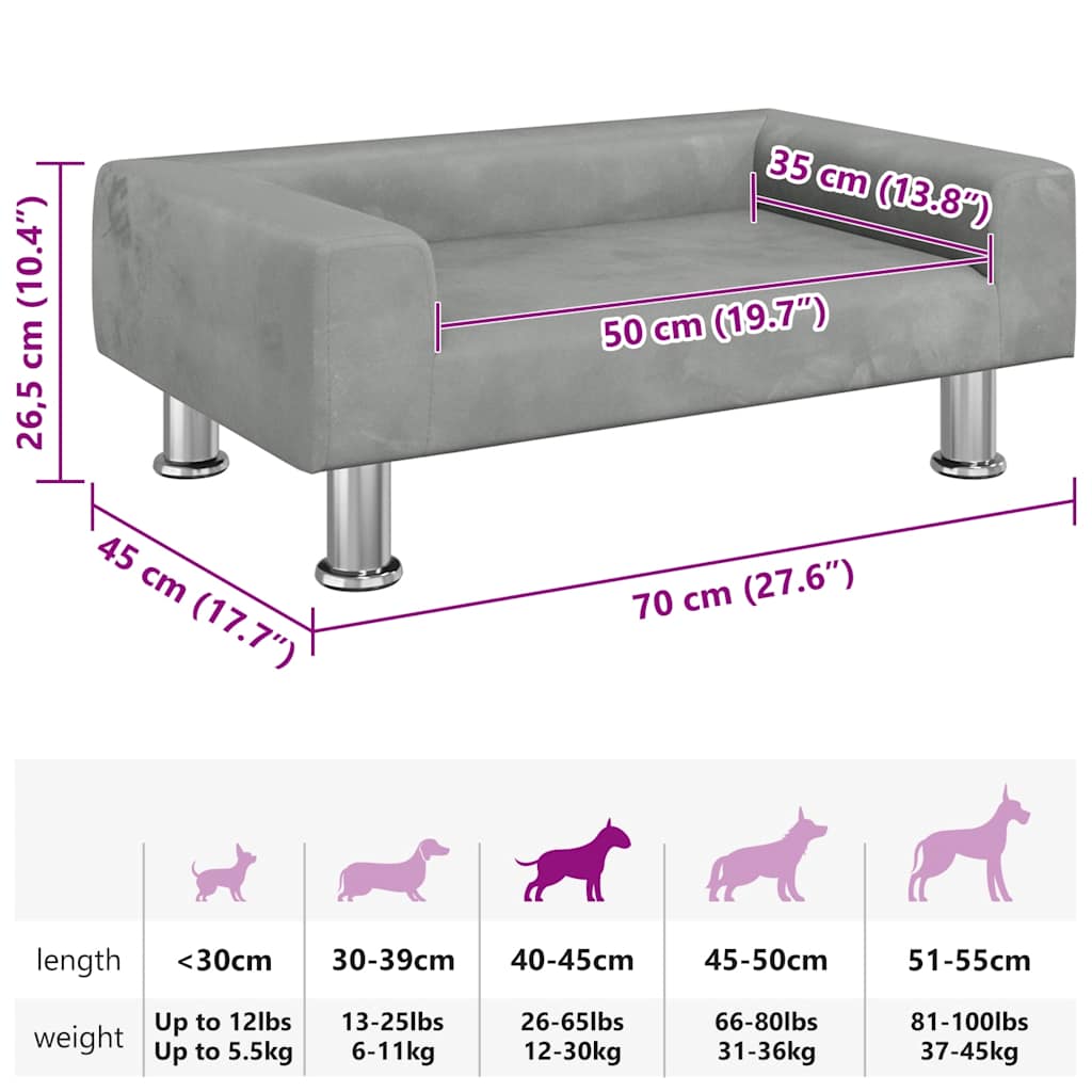 Cama para cães 70x45x26,5 cm veludo cinzento-claro