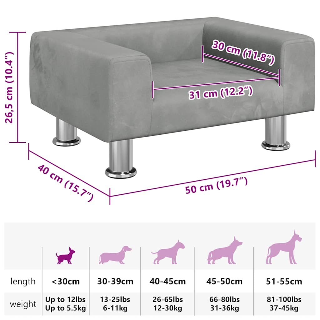 Cama para cães 50x40x26,5 cm veludo cinzento-claro