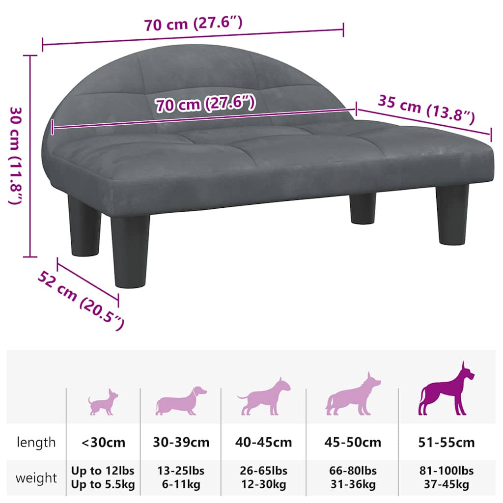 Cama para cães 70x52x30 cm veludo cinzento-escuro