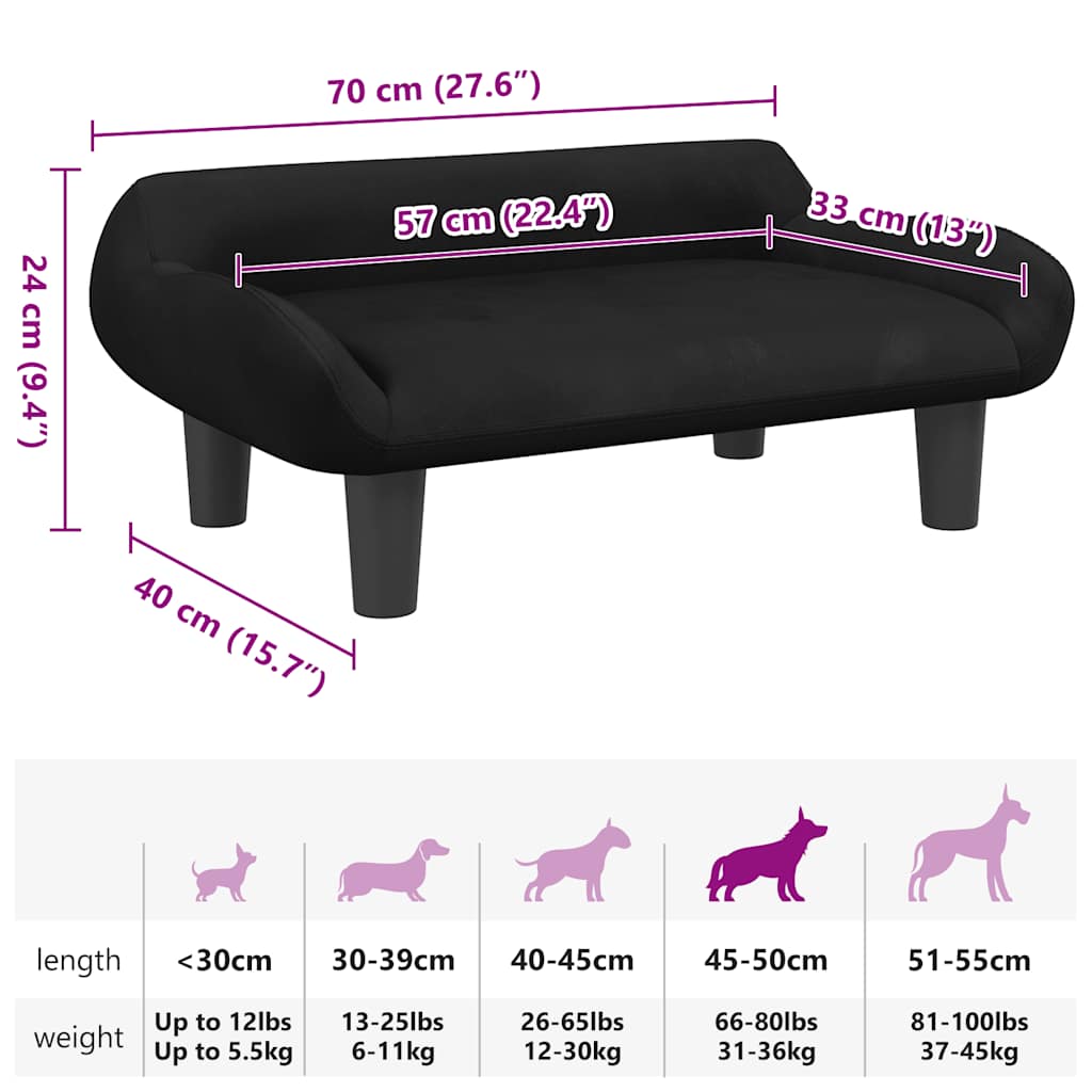 Cama para cães 70x40x24 cm veludo preto