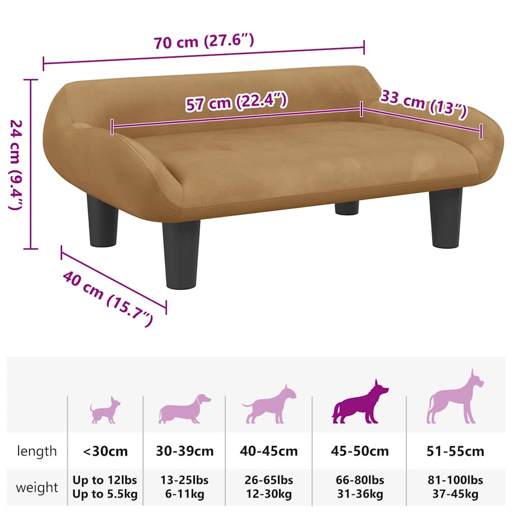 Cama para cães 70x40x24 cm veludo castanho