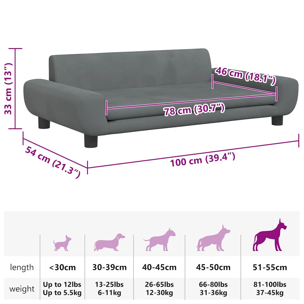 Cama para cães 100x54x33 cm veludo cinzento-escuro
