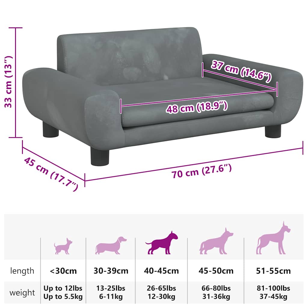Cama para cães 70x45x33 cm veludo cinzento-escuro