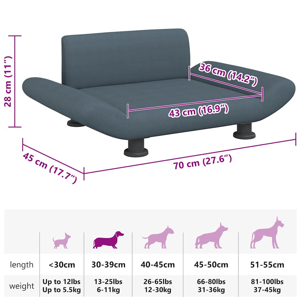 Cama para cães 70x45x28 cm tecido cinzento-escuro