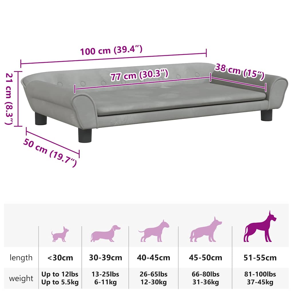 Cama para cães 100x50x21 cm veludo cinzento-claro