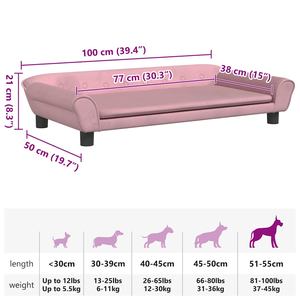 Cama para cães 100x50x21 cm veludo rosa