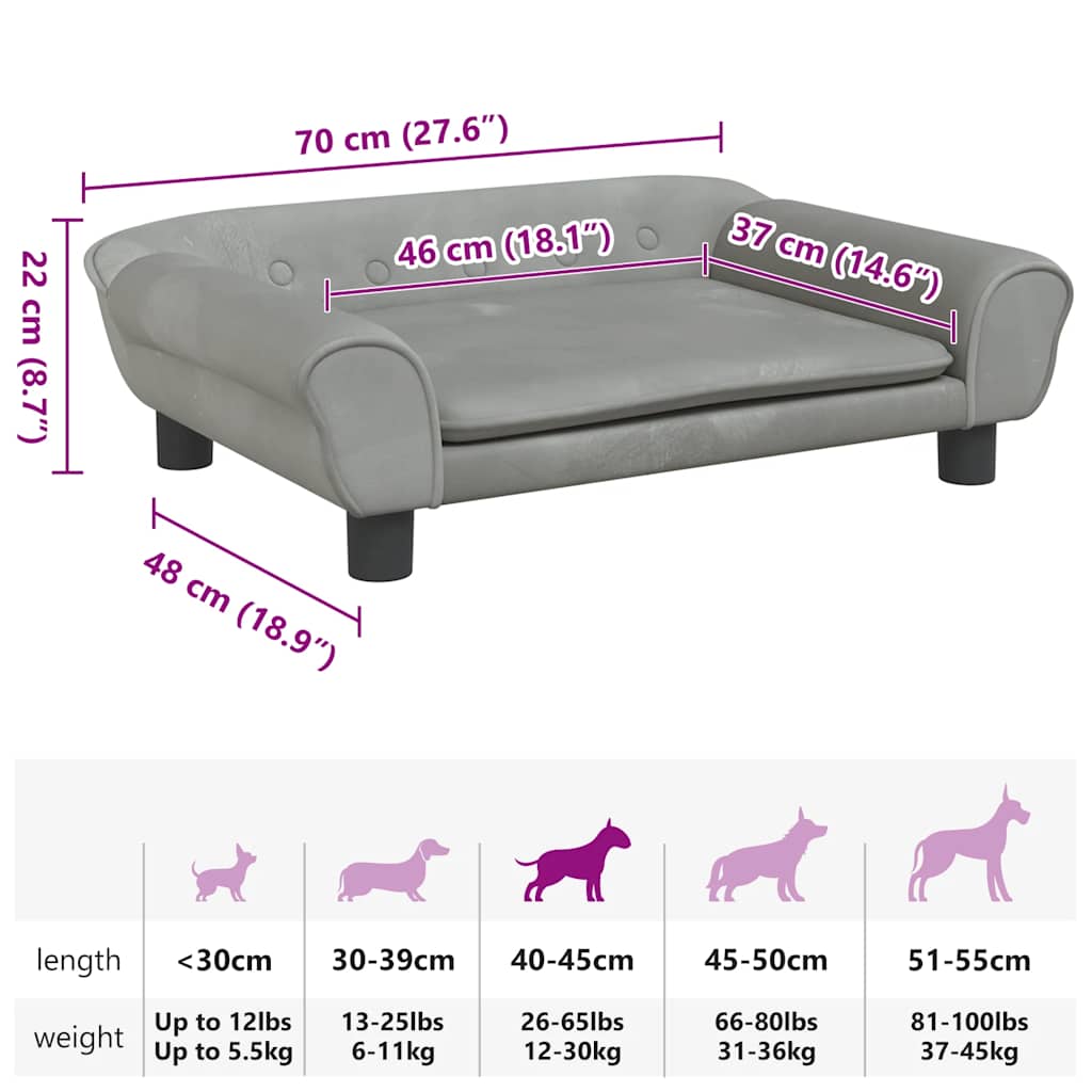Cama para cães 70x48x22 cm veludo cinzento-claro