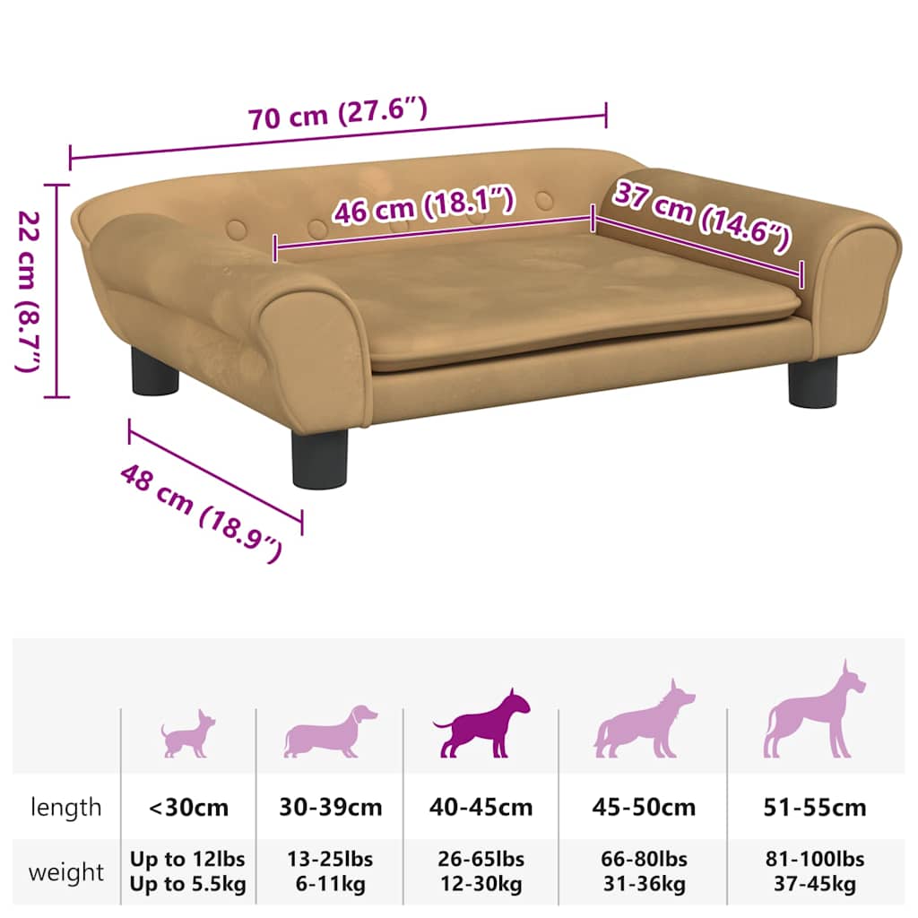Cama para cães 70x48x22 cm veludo castanho