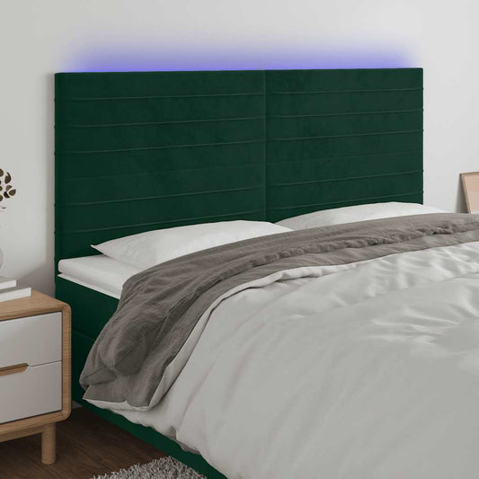 Cabeceira de cama c/ LED veludo 160x5x118/128 cm verde-escuro
