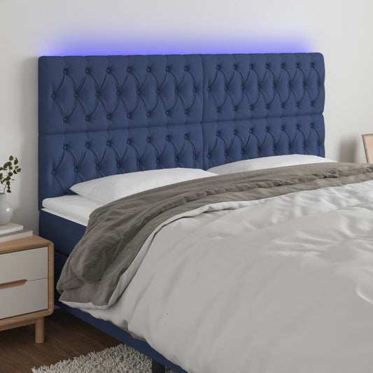 Cabeceira de cama c/ luzes LED tecido 200x7x118/128 cm azul