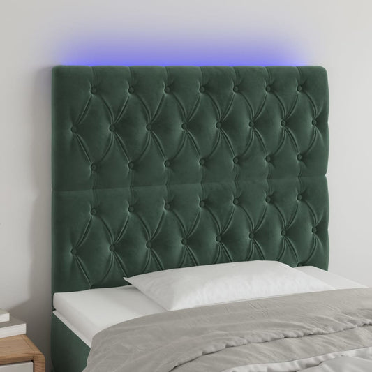 Cabeceira de cama c/ LED veludo 100x7x118/128 cm verde-escuro