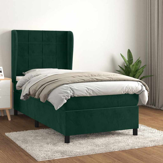Cama com molas/colchão 90x190 cm veludo verde-escuro