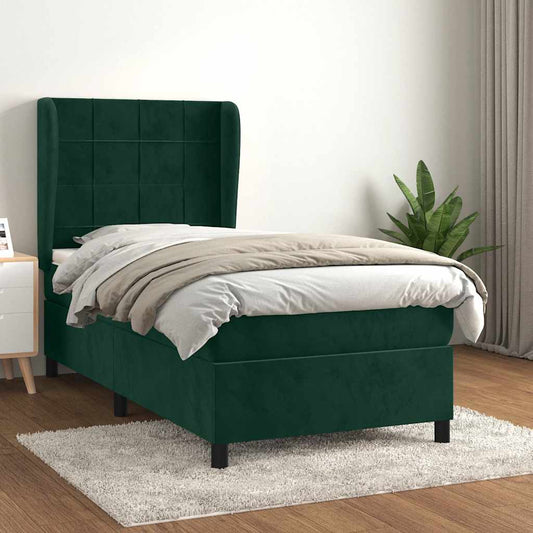 Cama com molas/colchão 90x200 cm veludo verde-escuro