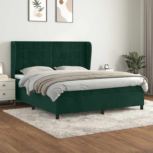 Cama com molas/colchão 160x200 cm veludo verde-escuro