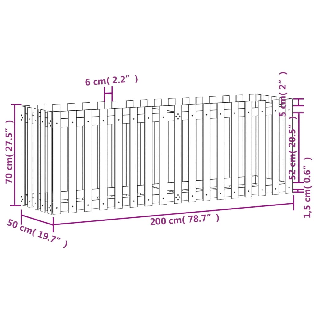 Canteiro elevado c/ design de cerca 200x50x70cm madeira douglas