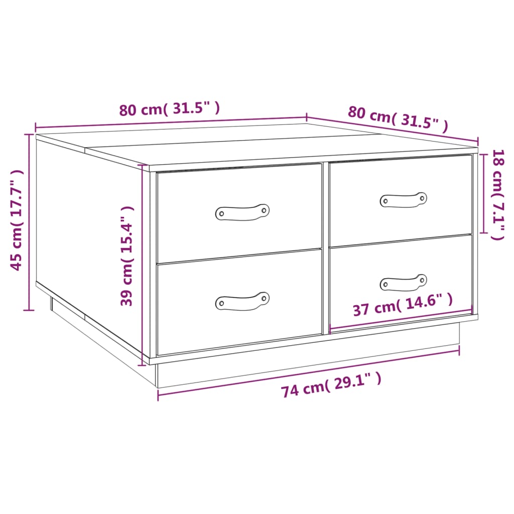 Mesa de centro 80x80x45 cm pinho maciço branco