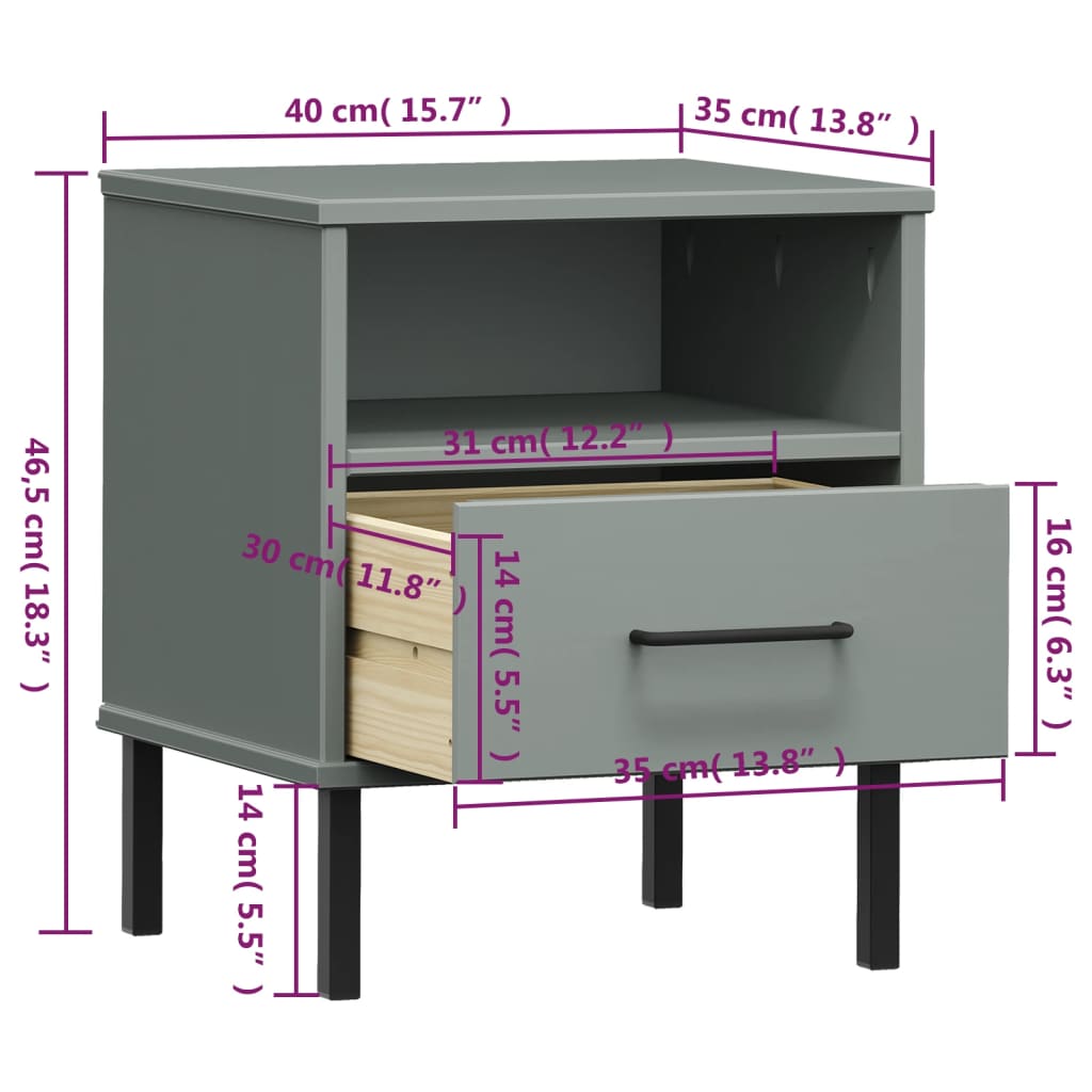 Mesa cabeceira c/ pernas de metal OSLO pinho maciço cinzento