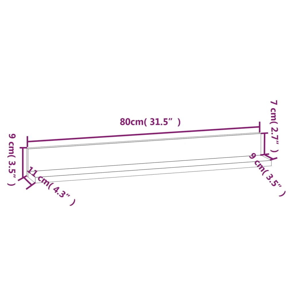 Prateleiras de parede 2 pcs 80x11x9 cm pinho maciço branco